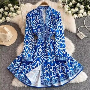 Diandiandidi Ikat Print Blue and White Mini Dress